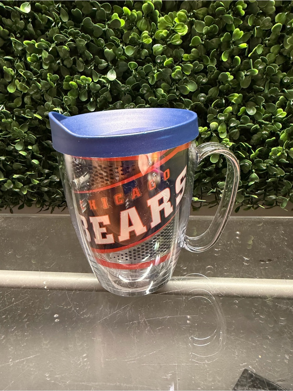 NFL Chicago Bears Clear Travel Mug with Blue Lid and Orange Accents